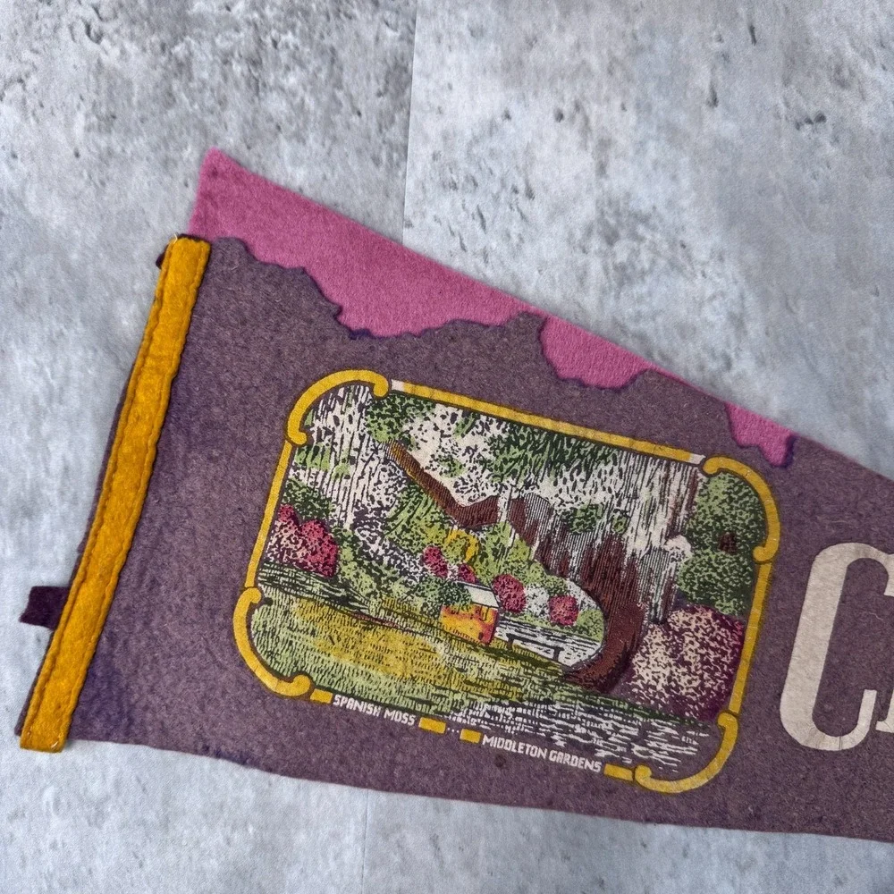 Vintage Charleston South Carolina Souvenir Pennant Flag Distressed Felt 1940s
